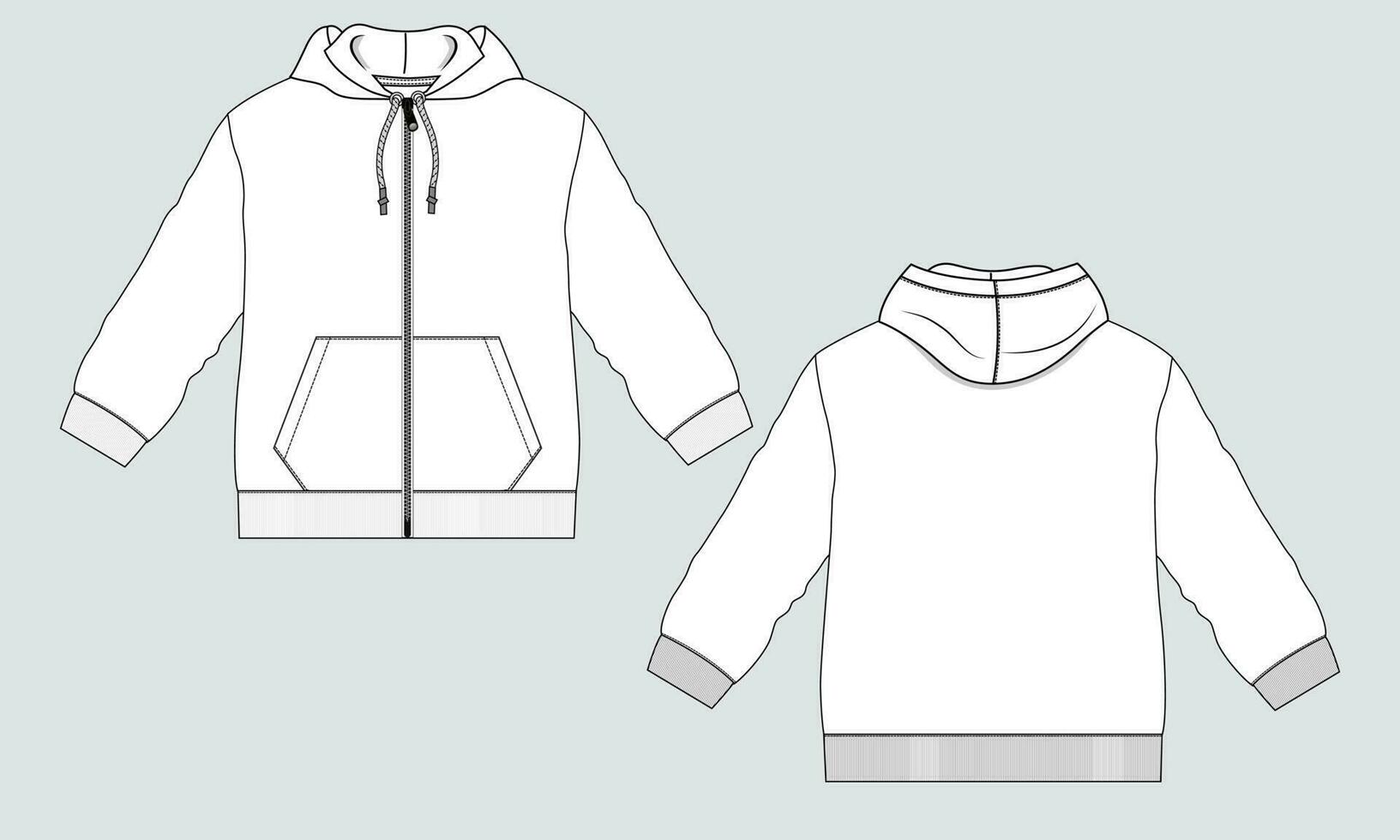 lange Ärmel Kapuzenpullover technisch Mode Zeichnung skizzieren Vorlage Vorderseite und zurück Sicht. bekleidung Kleid Design Vektor Illustration spotten oben Jacke Kad. einfach bearbeiten und anpassbar.