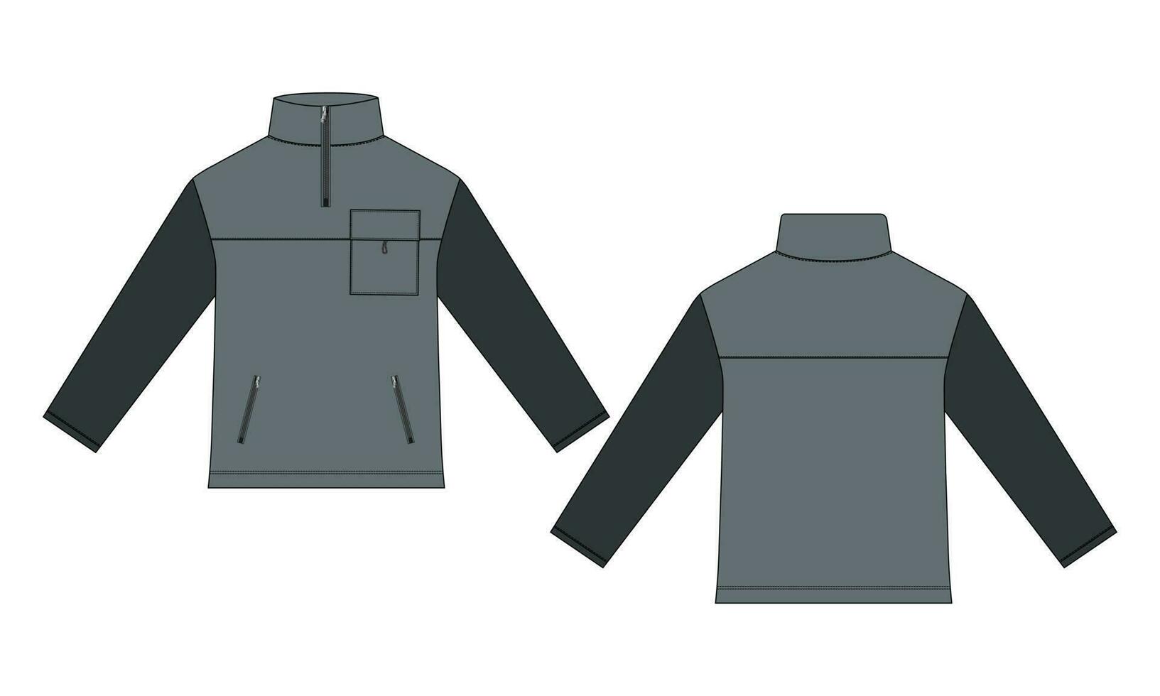 zwei Ton Farbe lange Ärmel Jacke mit Tasche und Reißverschluss technisch Mode eben skizzieren Vektor Illustration Vorlage Vorderseite und zurück Ansichten. Vlies Jersey Sweatshirt Jacke zum Herren und Jungen.