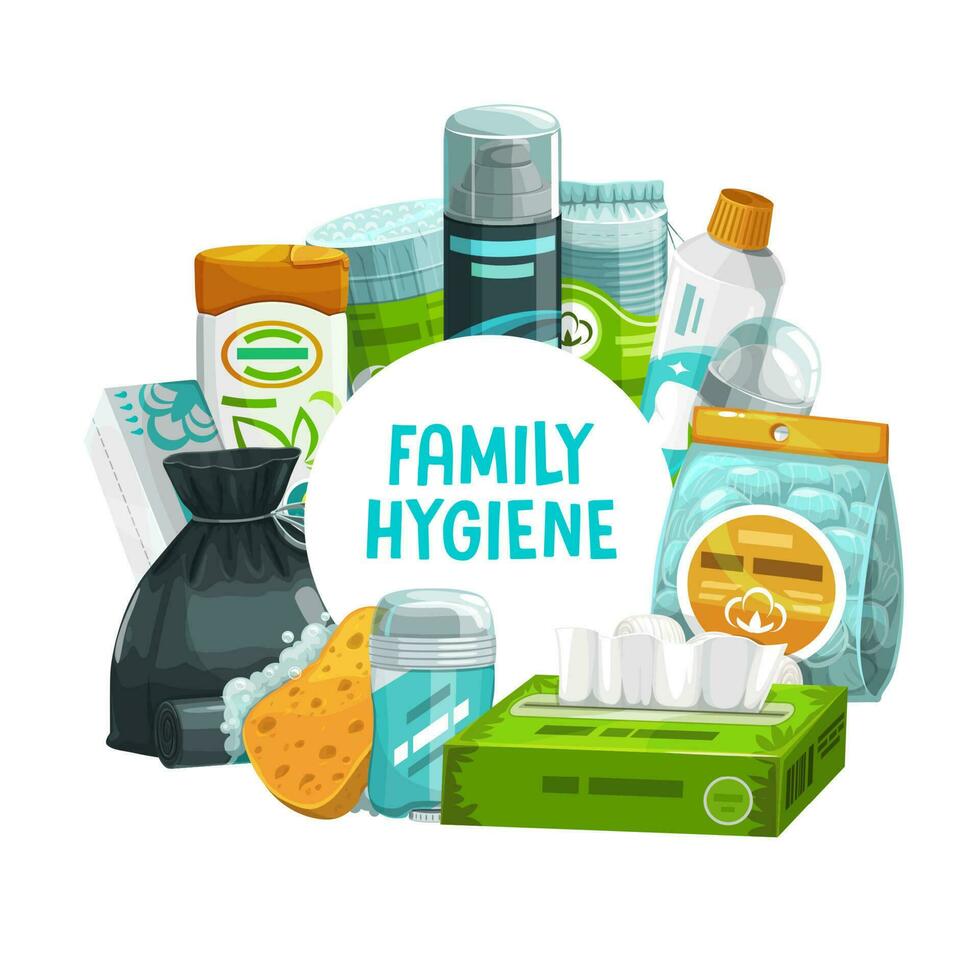 Familie Hygiene und Körper Pflege Produkte runden Rahmen vektor