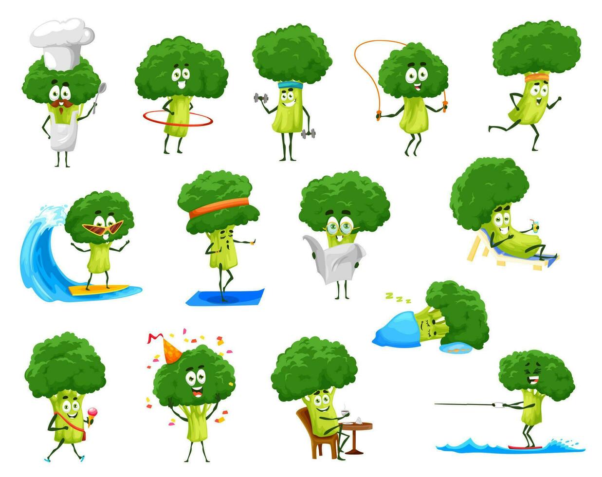 Karikatur komisch Brokkoli Gemüse Zeichen einstellen vektor