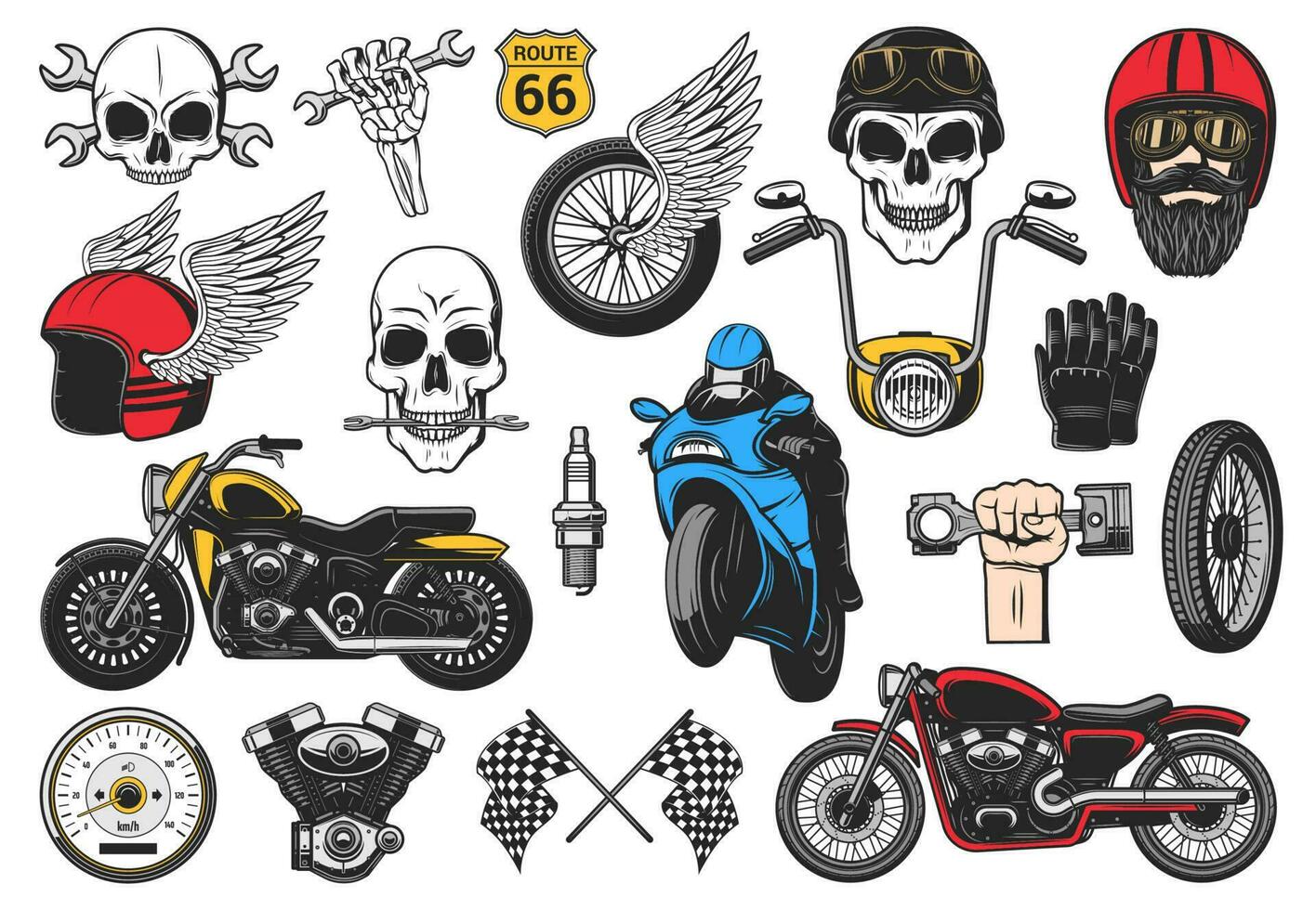 motorcykel sport, Cyklar tävlings och speedway ikoner vektor