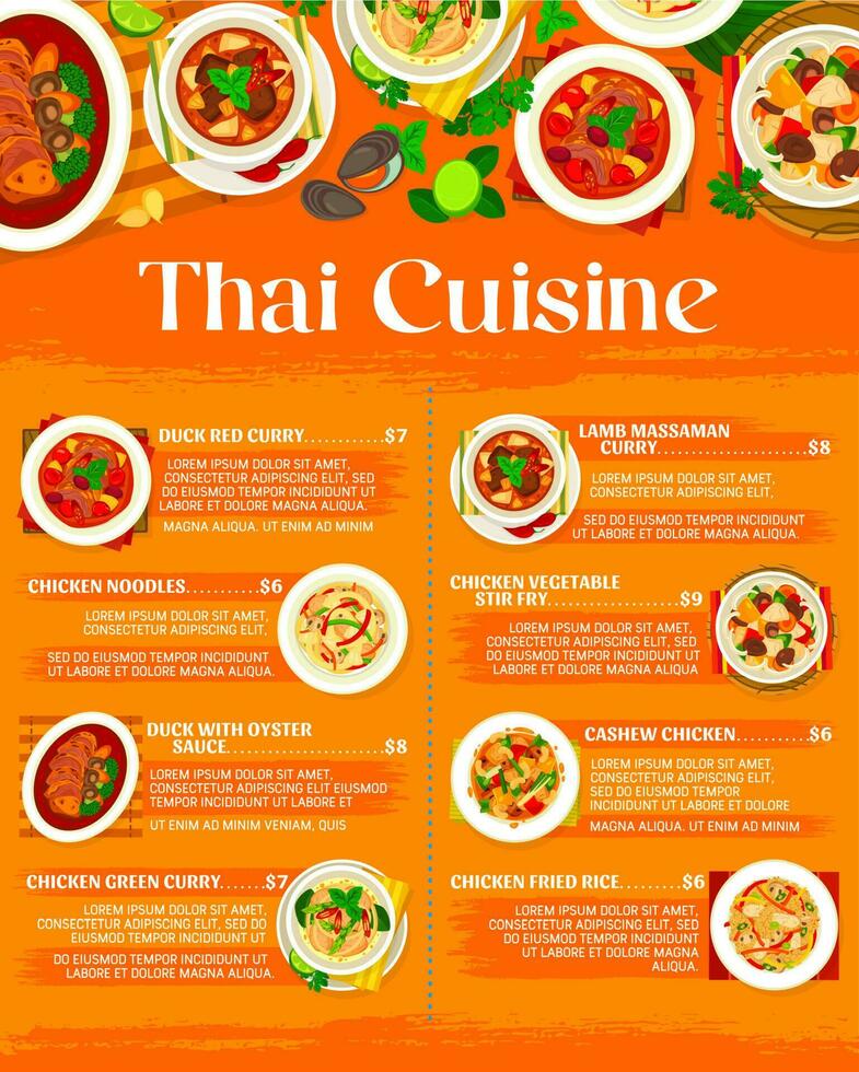 thailändisch Küche Speisekarte, Thailand Essen, asiatisch Restaurant vektor