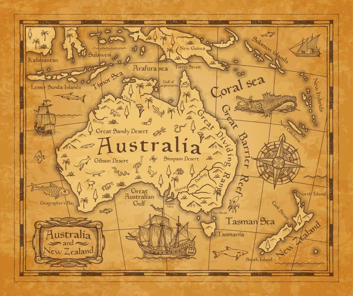 antik Karta av Australien och ny zealand öar vektor