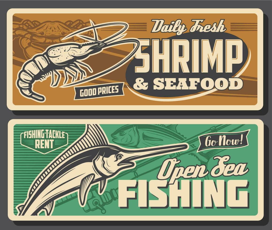 Meer Angeln Sport retro Banner mit Fisch, Meeresfrüchte vektor