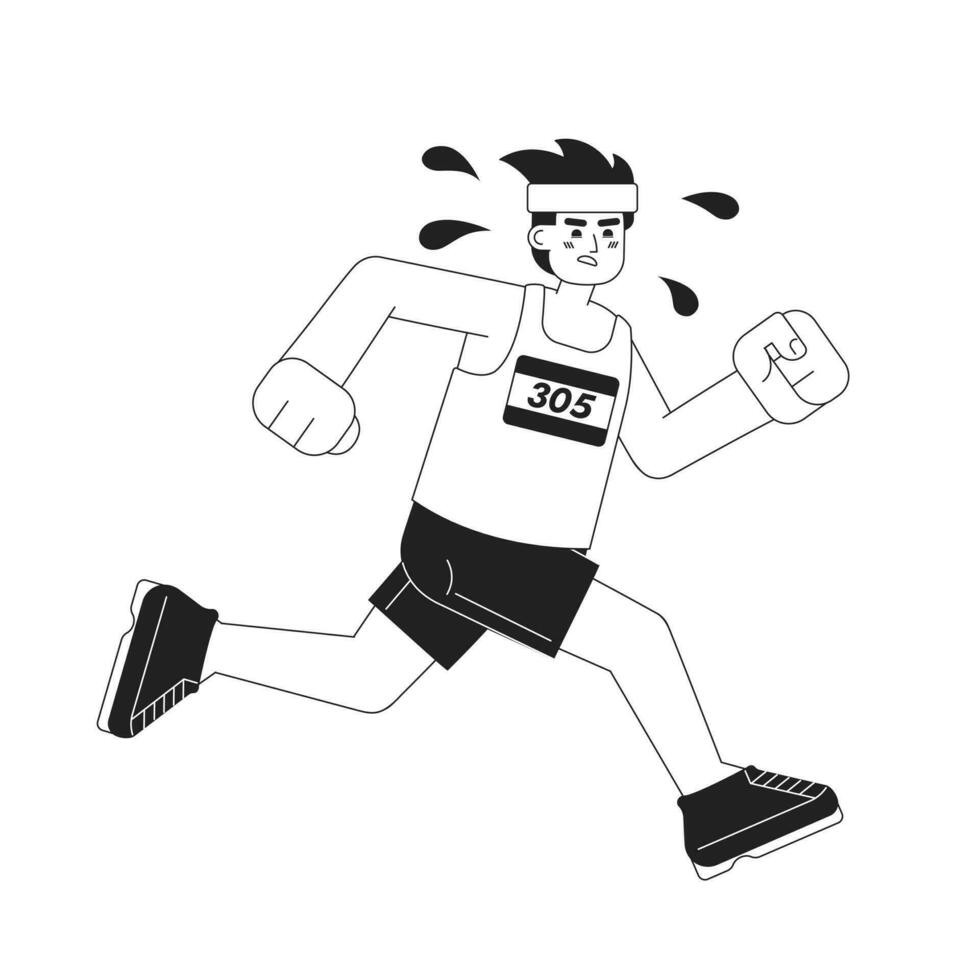 kropp medveten i själv förbättring svartvit begrepp vektor fläck illustration. maraton löpare man 2d platt tecknad serie karaktär för webb ui design. fysisk kondition isolerat redigerbar ritad för hand hjälte bild