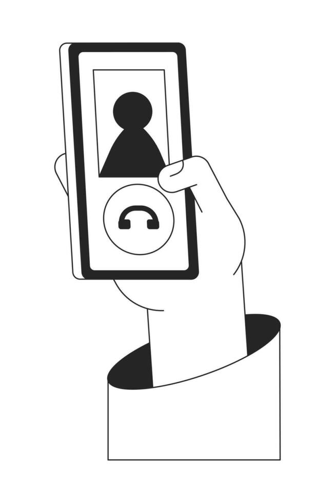 hänga upp telefon ring upp bw vektor fläck illustration. kran på nedgång knapp till Avsluta ring upp 2d tecknad serie platt linje enfärgad först se hand på vit för webb ui design. redigerbar isolerat översikt hjälte bild