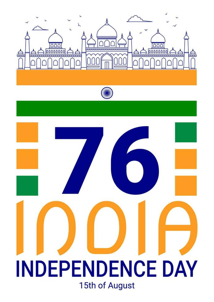 indisk oberoende dag affisch, hälsning, inbjudan med 76: e årsdag av Indien oberoende. vektor