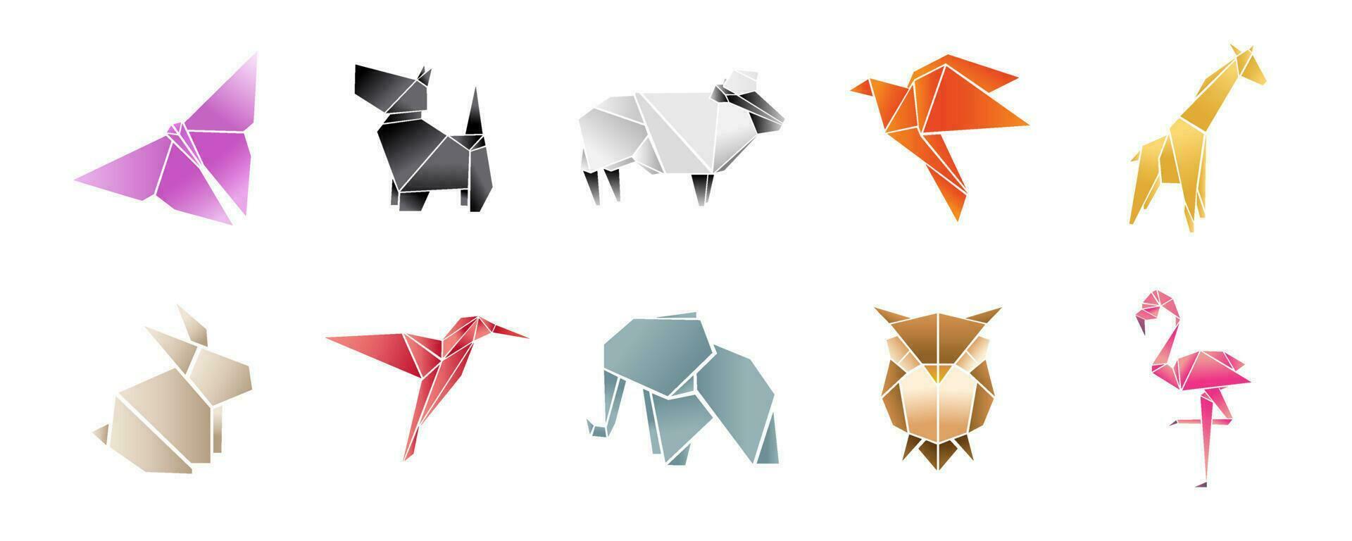 Origami Papier Tiere asiatisch kreativ Vektor Kunst. Origami Japan Tier Schmetterling, Hund Terrier, Elefant, Eule, Schaf, Vogel und Giraffe Illustration