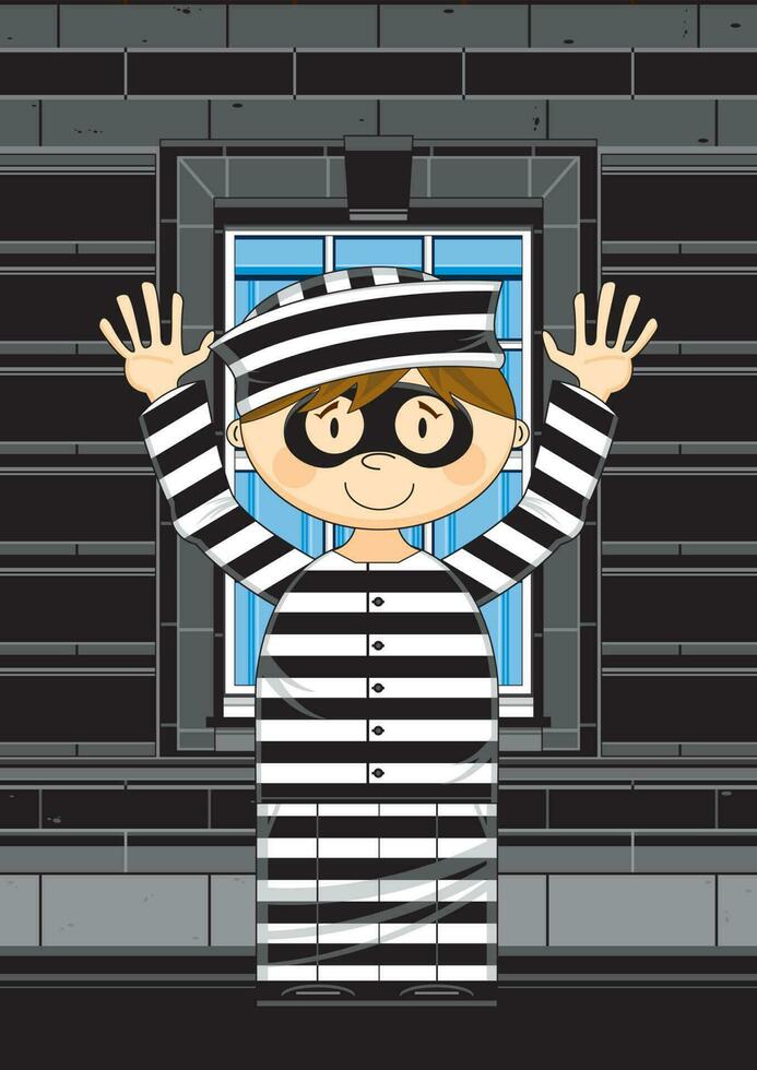 tecknad serie fånge i klassisk randig fängelse enhetlig med händer upp vektor
