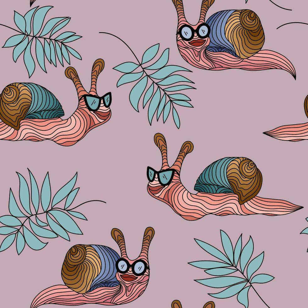 nahtlos Vektor Muster mit abstrakt Blau, Beige und Grün gestreift Schnecken und Blätter. Karikatur Venusmuscheln mit Brille auf ein Rosa Hintergrund. perfekt Design zum Verpackung Papier, Postkarten und Textilien.