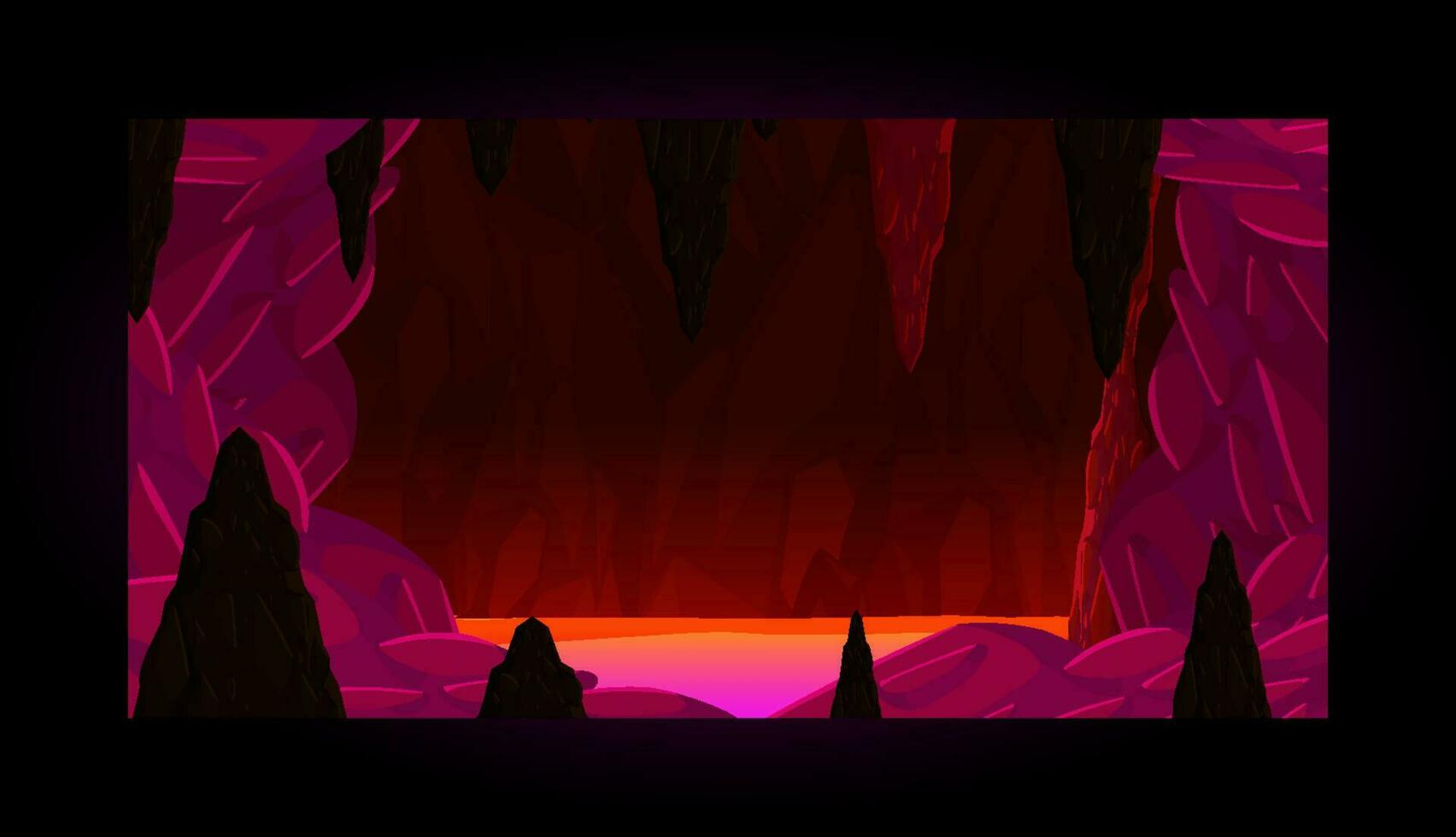 underjordisk klippig grotta med vatten och blå kristaller. vektor tecknad serie illustration av tömma sten grotta med stalaktiter och sjö eller flod. gammal berg grotta inuti