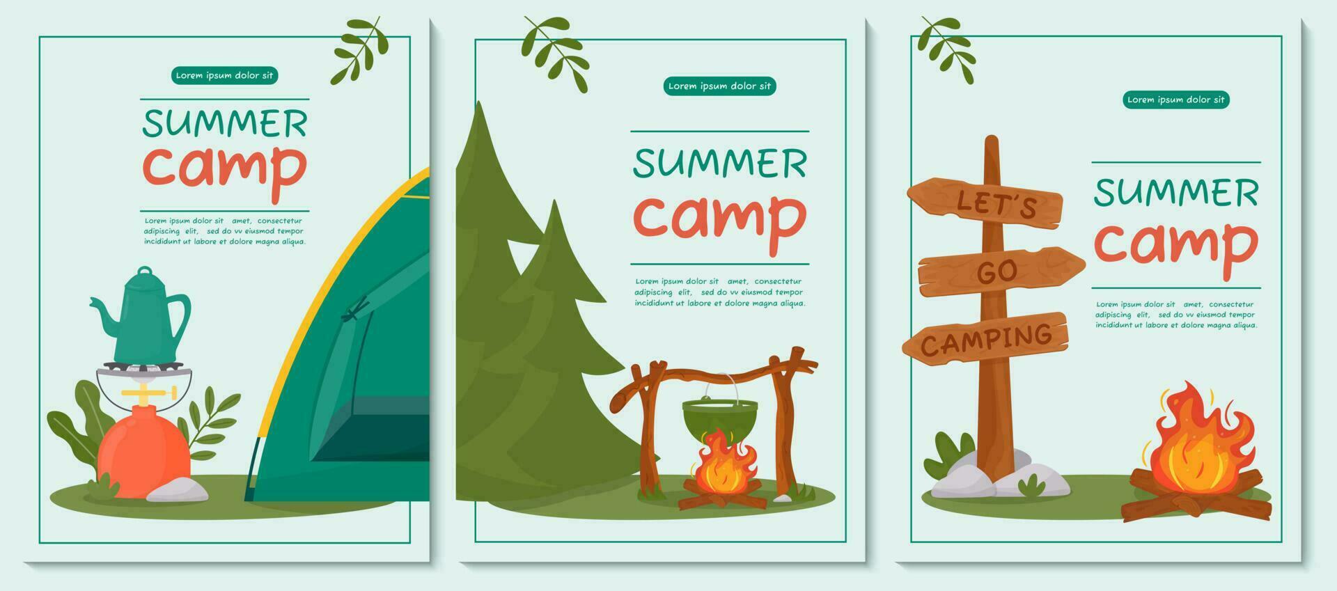 ein einstellen von Plakate zum Sommer- Camping, reisen, Reise, wandern, Tourist, Natur, reisen, Picknick. Design von ein Poster, Banner, Flugblatt, Abdeckung, Besondere Angebot, Werbung. Vektor Illustration.