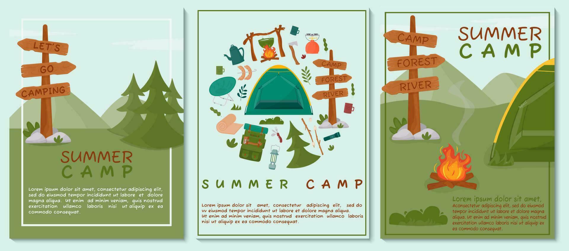 en uppsättning av posters för sommar camping, resa, resa, vandring, turist, natur, resa, picknick. design av en affisch, baner, folder, omslag, särskild erbjudande, annons. vektor illustration.