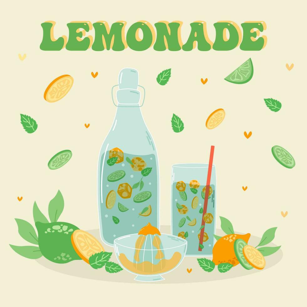 citronsaft och dryck i en kanna och en glas med skivor av citron- och is. vektor illustratör