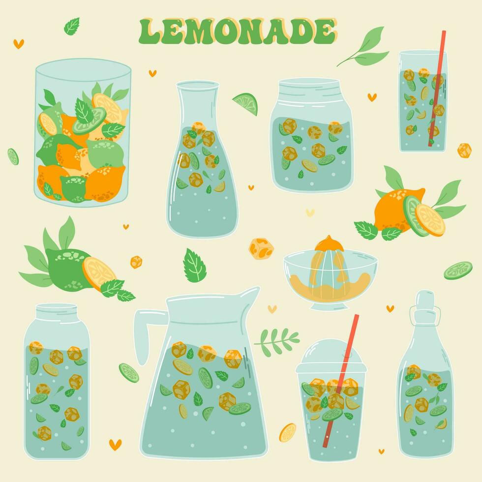 Limonade und trinken im ein Krug und ein Glas mit Scheiben von Zitrone und Eis. Vektor Illustrator
