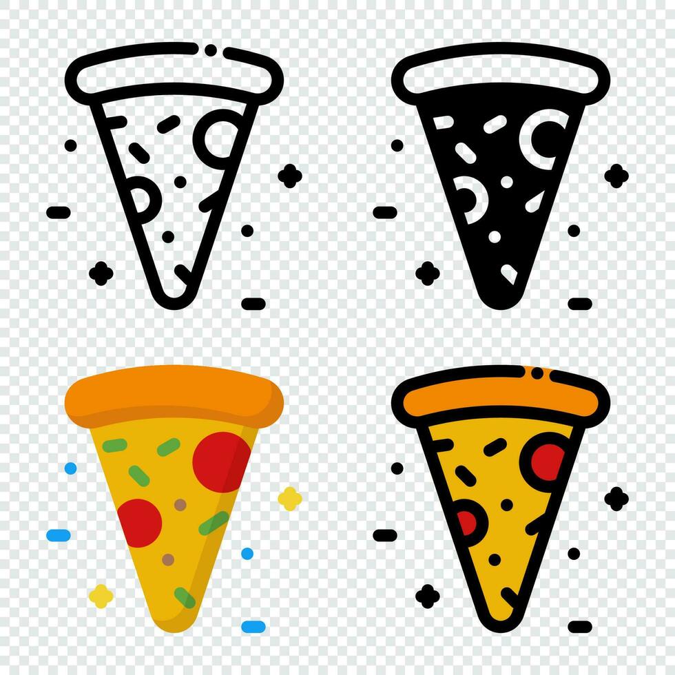 pizza ikon uppsättning. färgrik tecknad serie pizza ikon. pizza skiva ikon. pizza logotyp. snabb mat symbol. vektor illustration