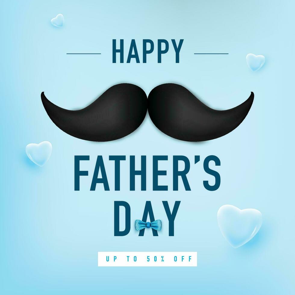 glücklich Väter Tag Beschriftung Hintergrund mit ein Schnurrbart, Bogen Krawatte und Blau Herzen Vektor Illustration