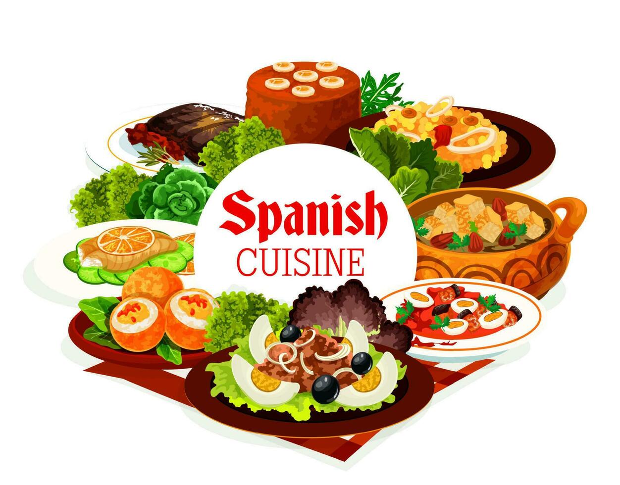 Spanisch Küche Essen von Meeresfrüchte, Fleisch, Gemüse vektor