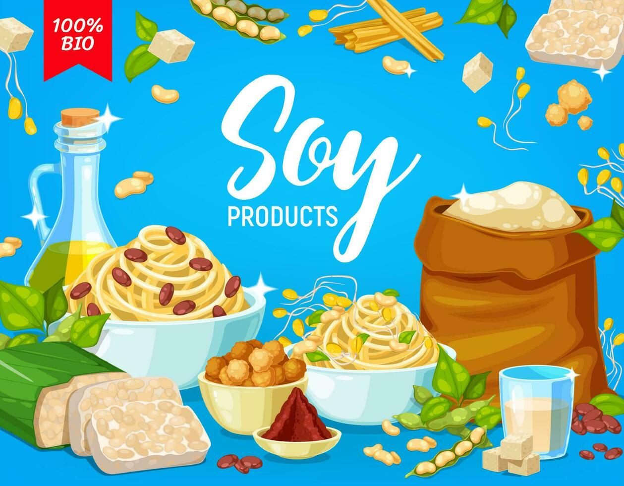 sojaböna Produkter, soja böna mat tofu, mjölk och olja vektor