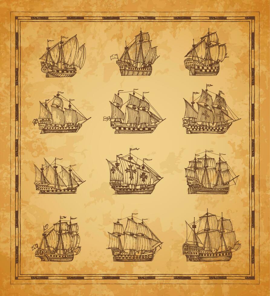 årgång pirat segla fartyg och segelbåtar skisser vektor
