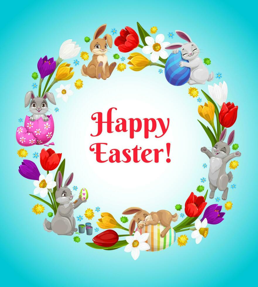 glücklich Ostern Blume Kranz mit Hasen und Eier vektor