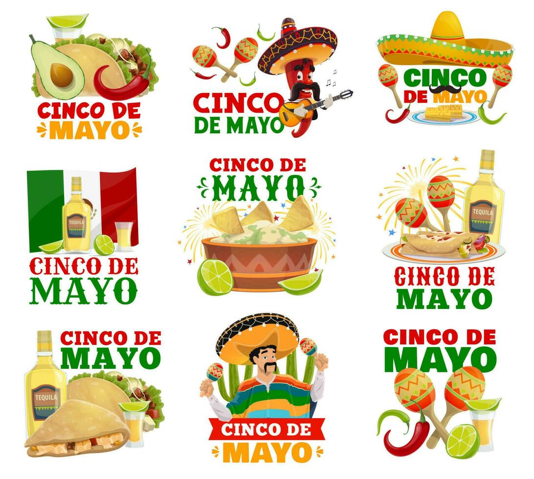 cinco de Mayo Essen, Sombrero und Maracas Symbole vektor