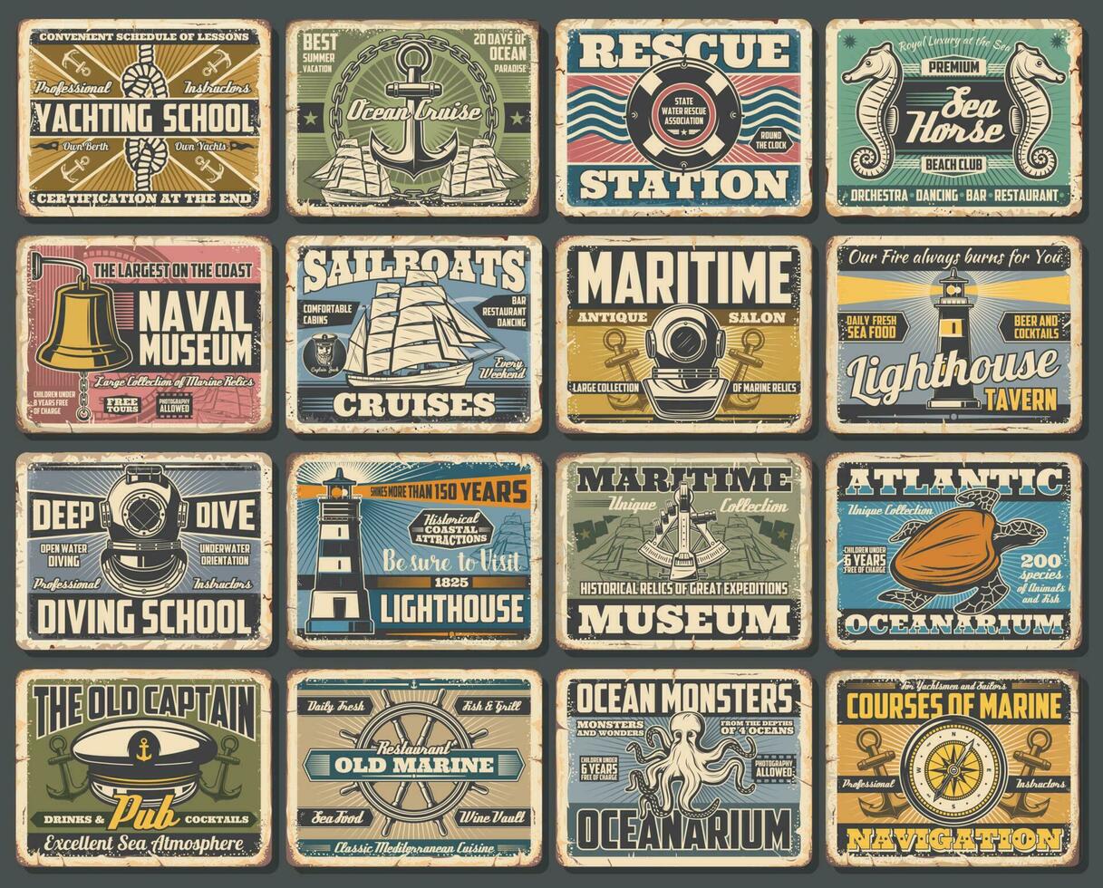 Marine- Schiff Museum, Marine Seefahrt retro Plakate vektor