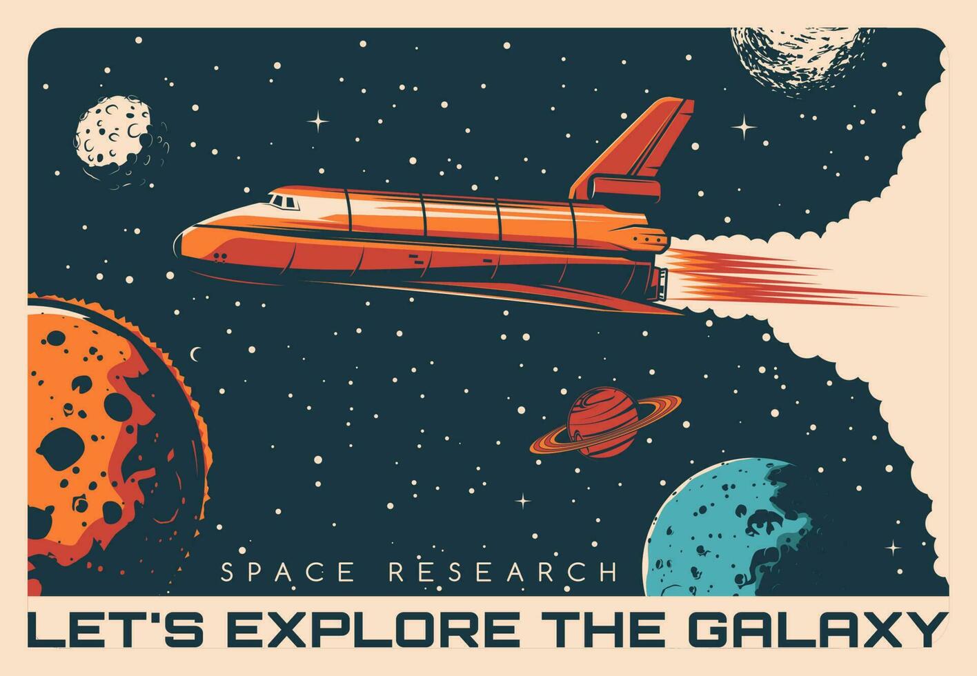 Plats utforskning, shuttle rocket retro affisch vektor
