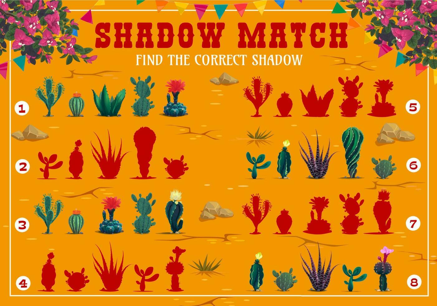 Schatten Spiel Spiel Arbeitsblatt mit Mexikaner Kakteen vektor
