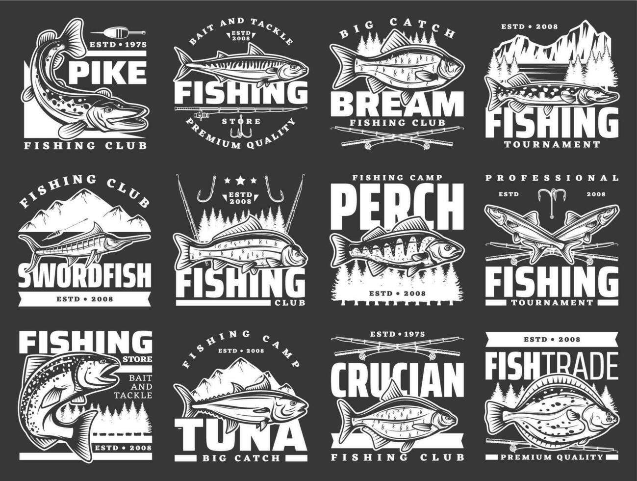 fiske sport, fisk krokar och locka stavar ikoner vektor