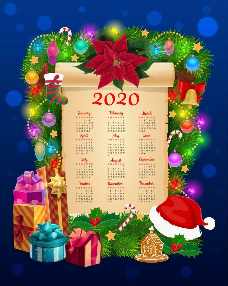 år kalender papper skrolla med jul krans vektor
