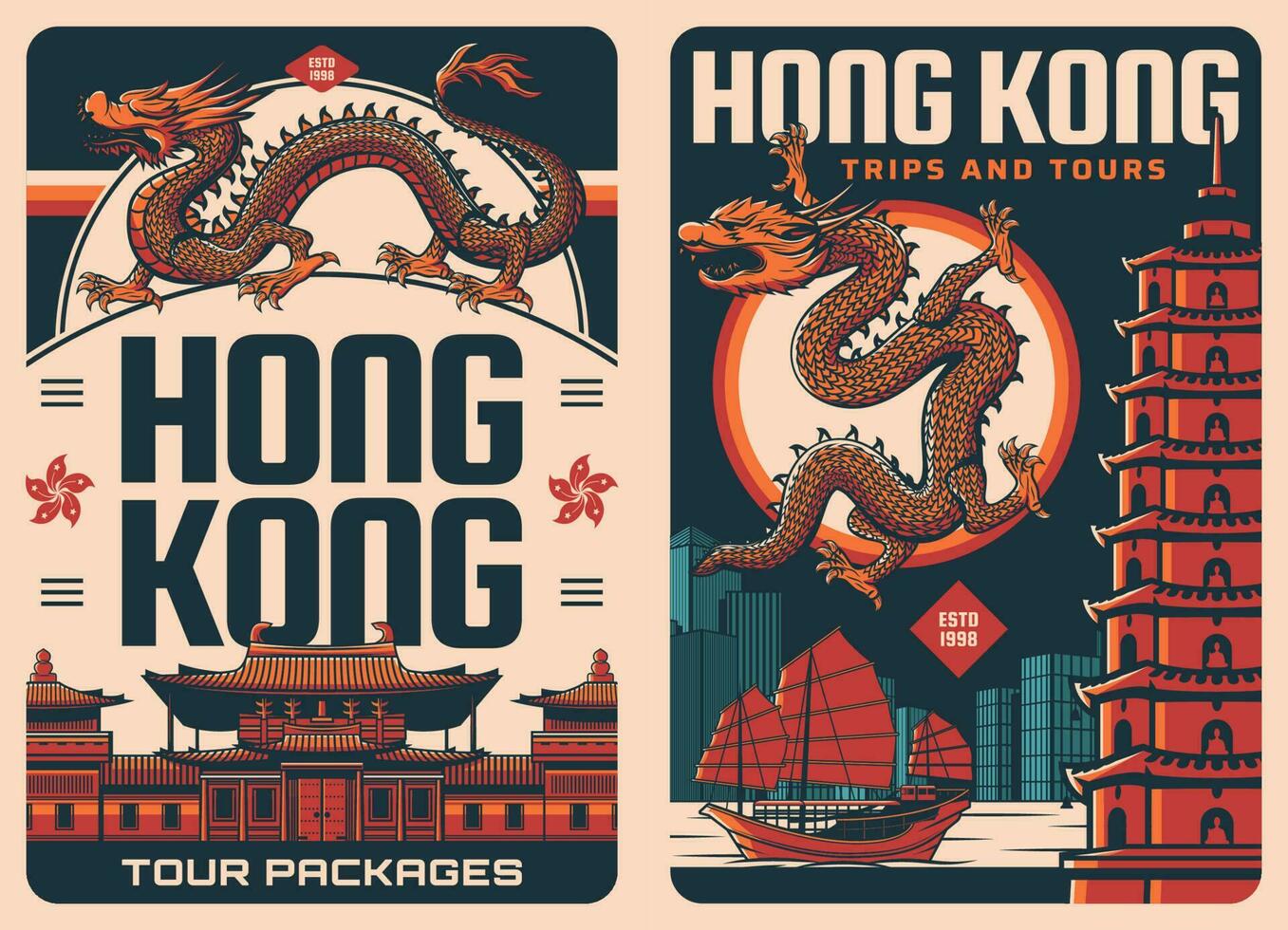 Hong kong Reise Sehenswürdigkeiten Vektor Jahrgang Poster