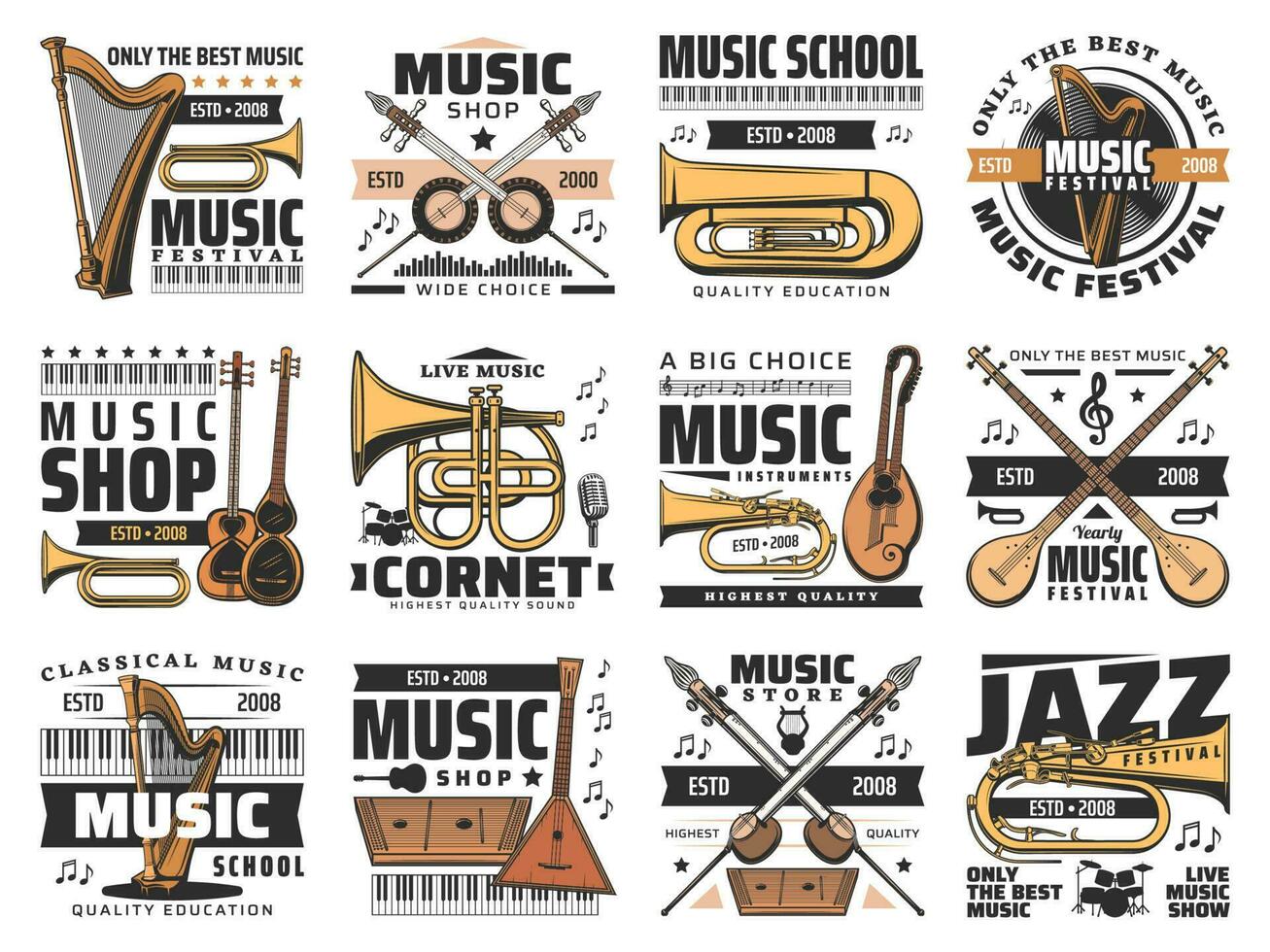 Musik- Symbole, Konzert Festival, Instrumente Geschäft vektor