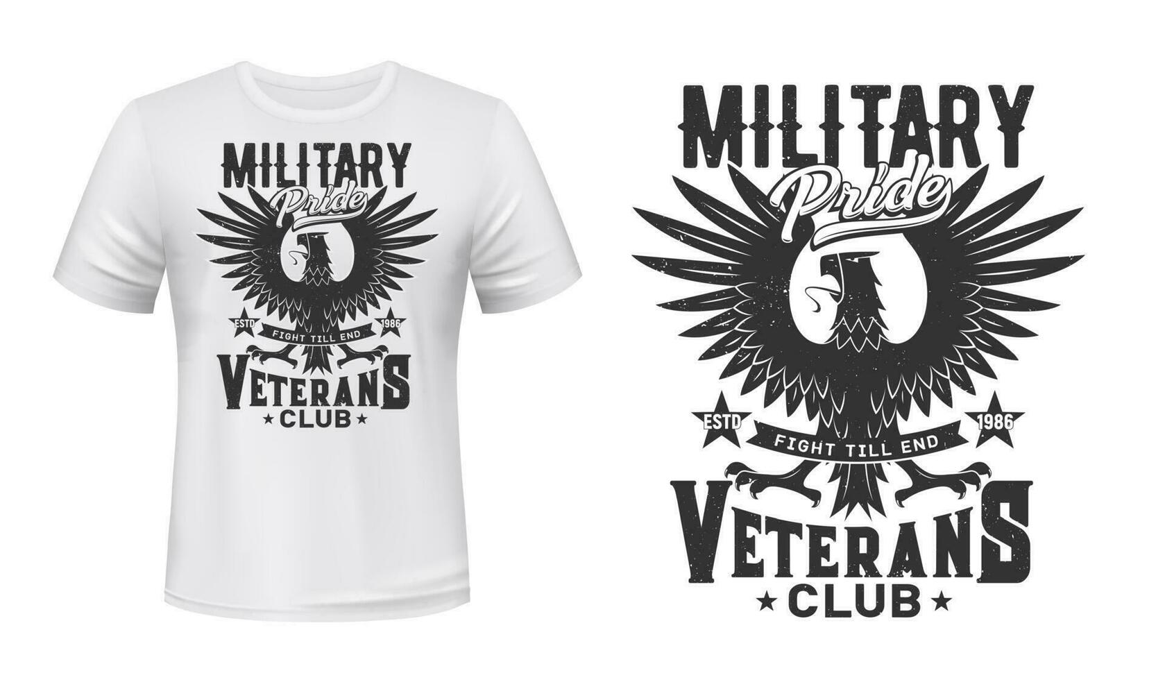 Örn skriva ut t-shirt mockup, militär veteraner klubb vektor