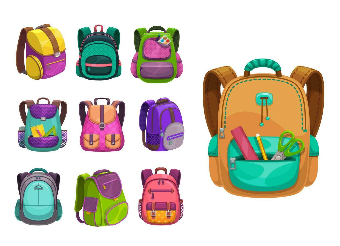 Karikatur Vektor Schultaschen Symbole, Kinder Schule Taschen