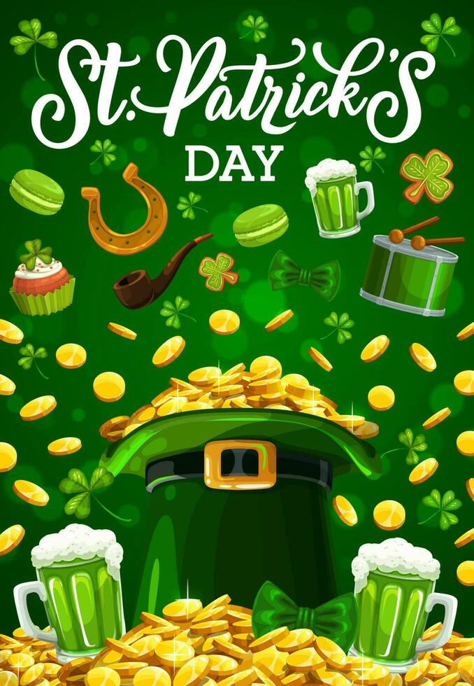 st patricks dag pyssling guld mynt i grön hatt vektor