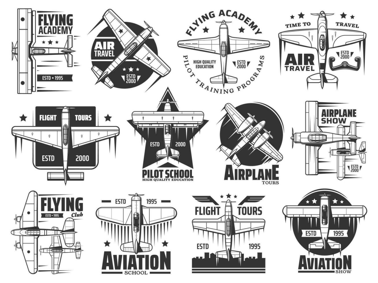 flygande akademi, pilot skola och luft Turné ikon uppsättning vektor