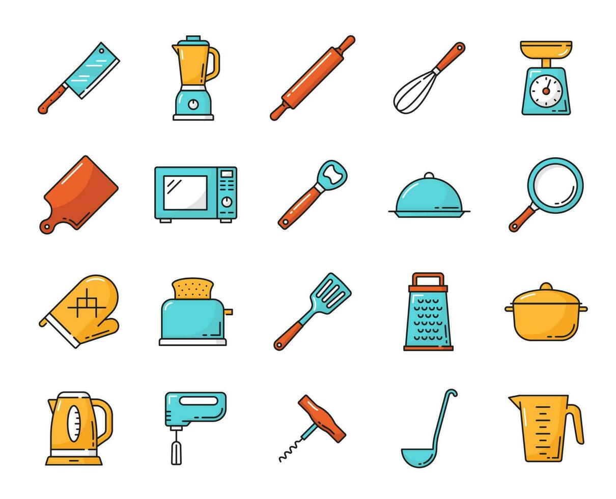 kök redskap och köksutrustning linje vektor ikoner