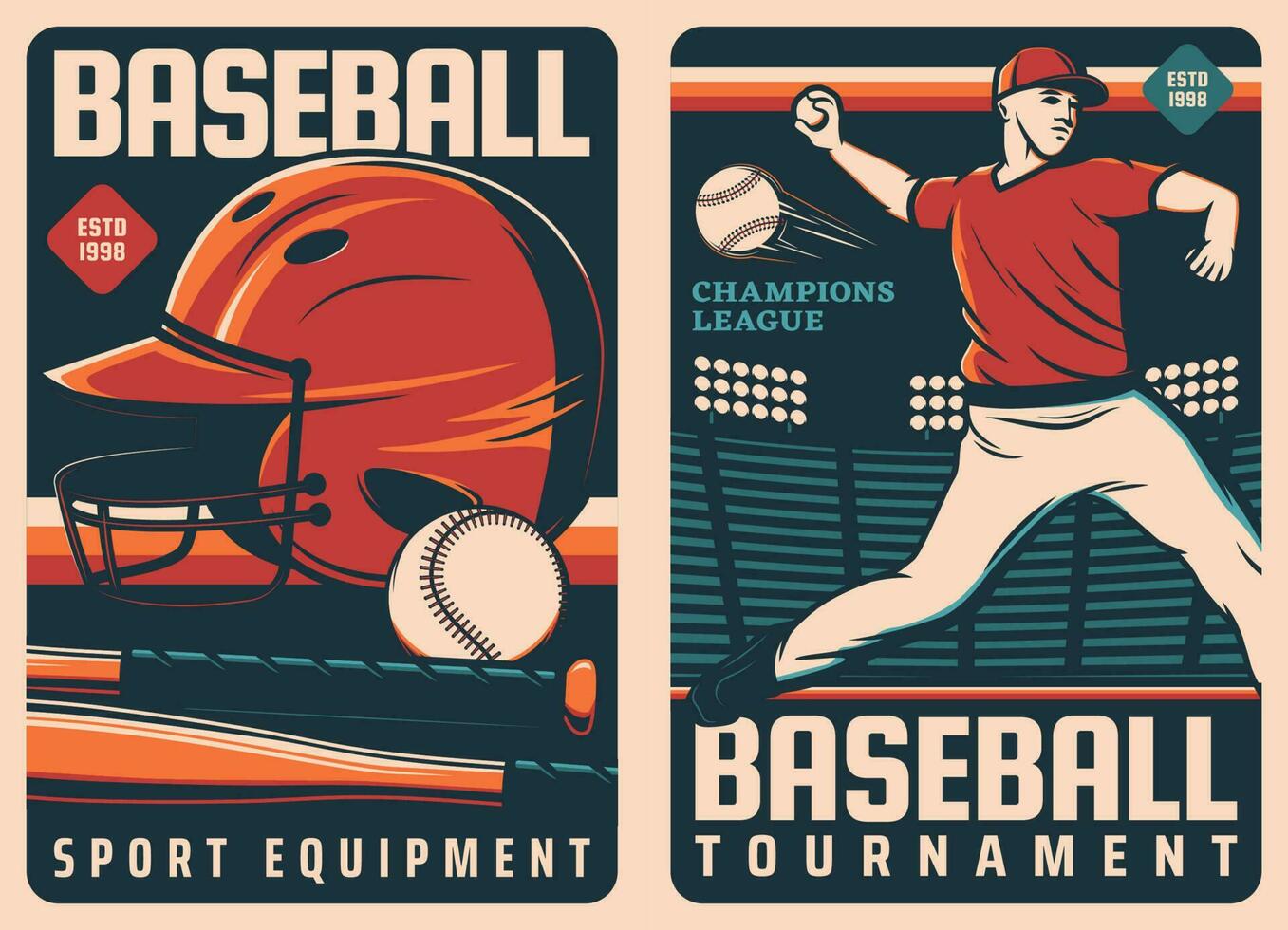 Baseball Sport retro Poster, Bälle, Fledermäuse, Spieler vektor