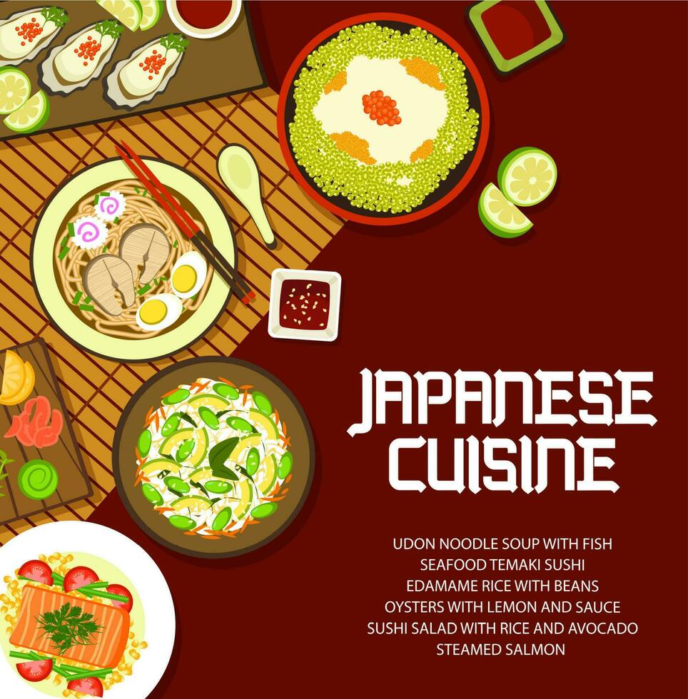 japansk mat kök, asiatisk meny omslag, måltider vektor
