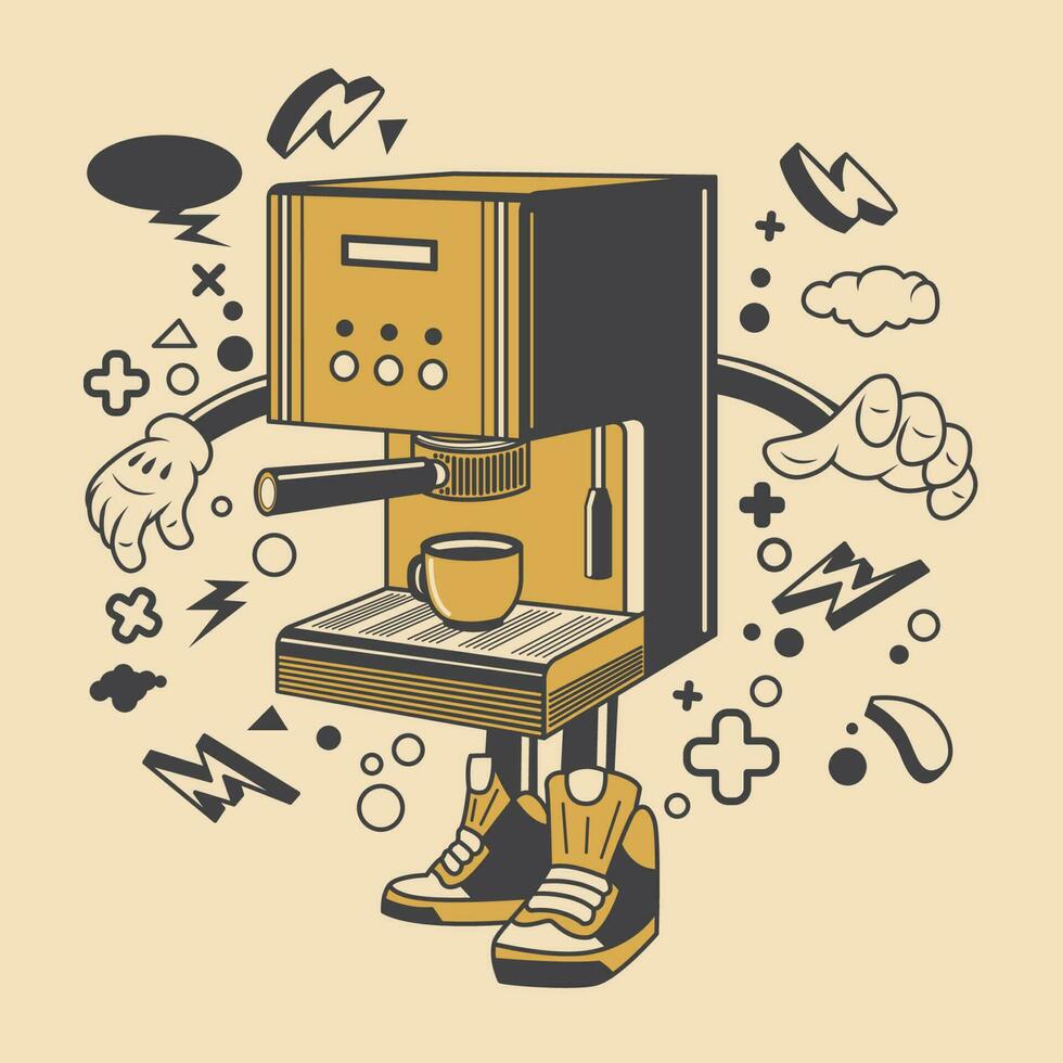 retro Kaffee Maschine Karikatur Charakter Vektor Illustration