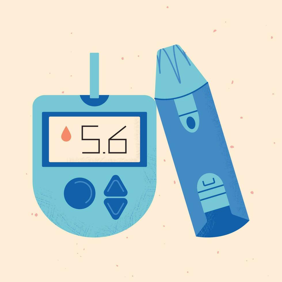 einstellen elektronisch Glukometer und Lanzette Stift Symbol mit normal Werte. Diabetes Blut Glucose prüfen. Glucose Steuerung und Diagnose. medizinisch Gerät Blut Meter. Vektor Lager Illustration