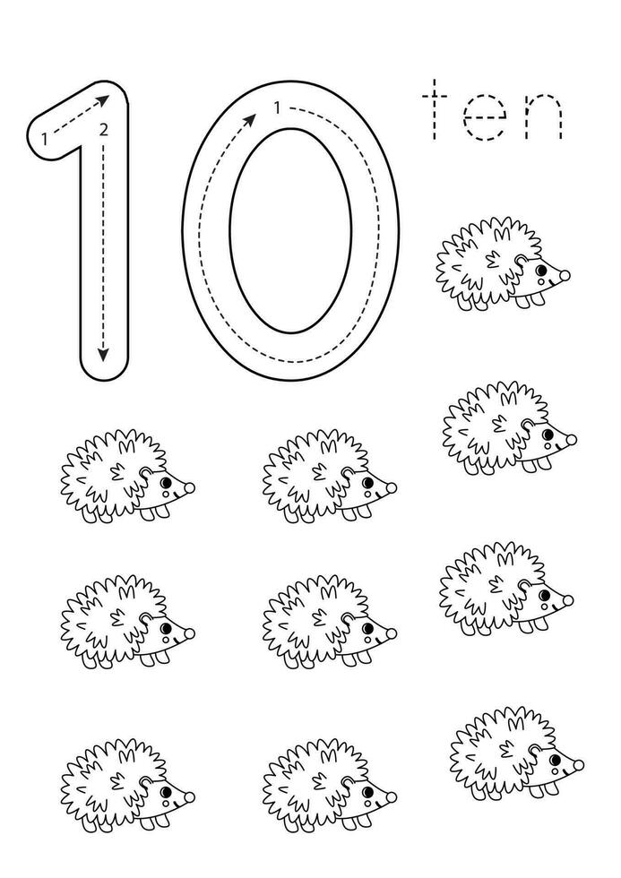Flash-kort siffra 10. förskola arbetsblad. söt tecknad serie igelkottar. vektor