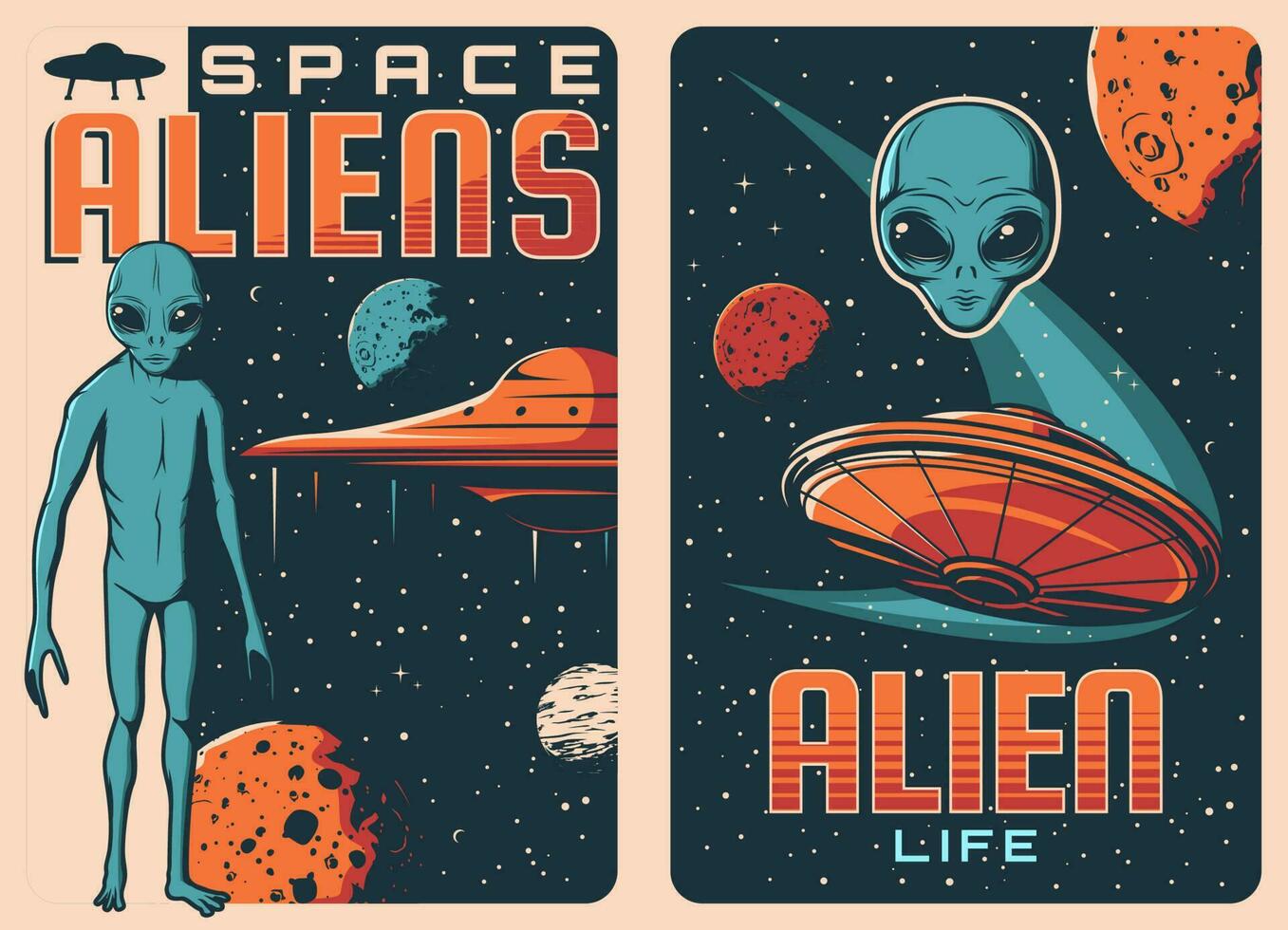 Aliens und UFO Raumschiffe Vektor retro Plakate
