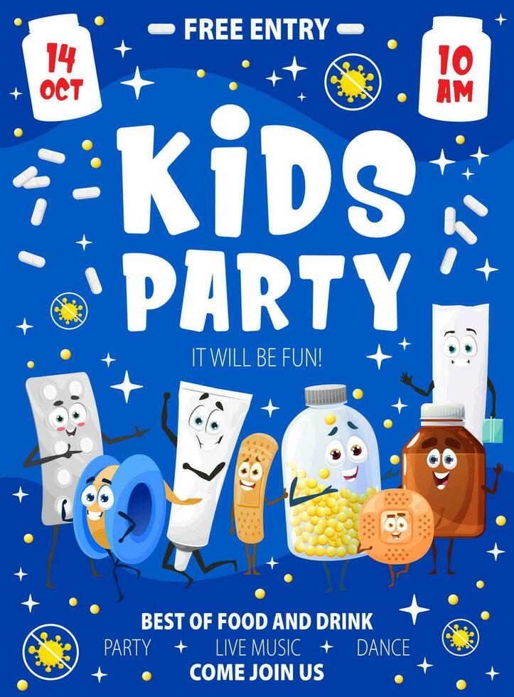 Kinder Party Flyer Poster, Karikatur Tabletten Medikamente vektor