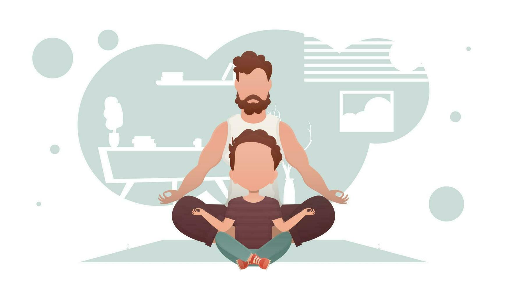 Papa mit wenig Sohn sind Sitzung und tun Yoga im das Zimmer. Meditation. Karikatur Stil. vektor