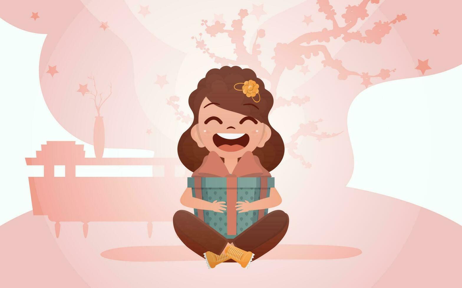 ein glücklich Mädchen sitzt im ein Lotus Position mit ein Geschenk im ihr Hände. Vektor. vektor