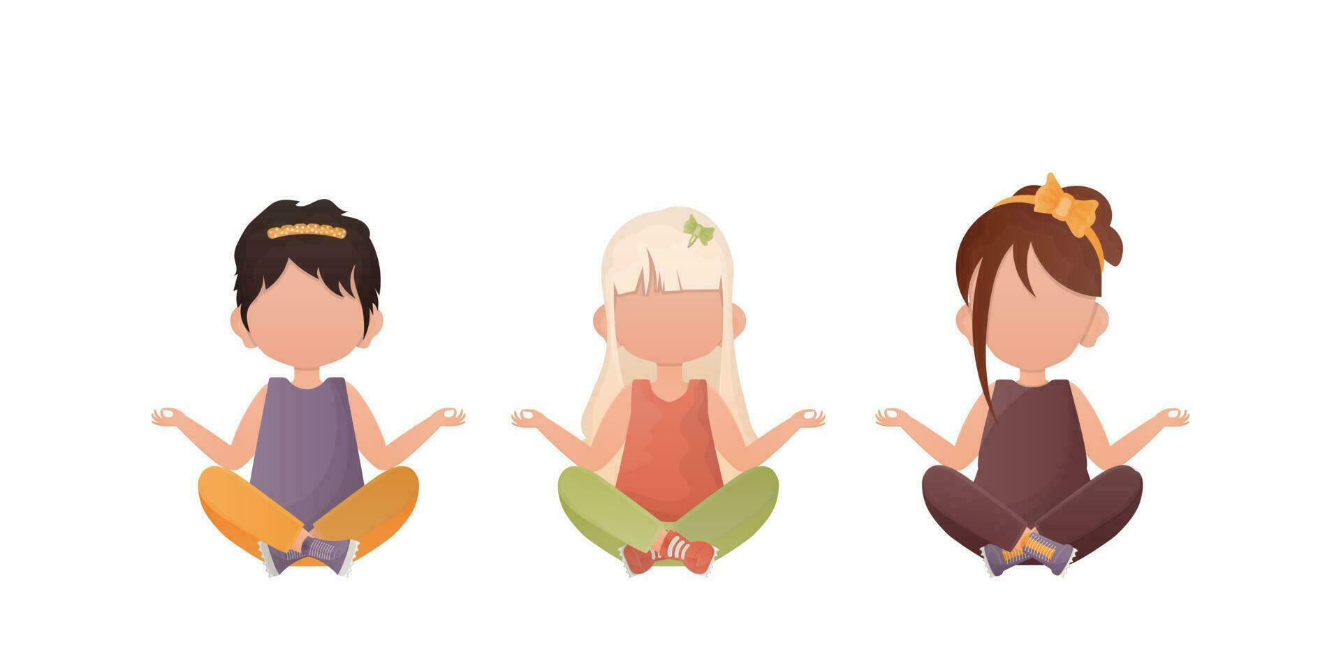 wenig Mädchen sitzt im das Lotus Position. süß Yoga, Achtsamkeit und Entspannung. Vektor. einstellen isoliert auf ein Weiß Hintergrund. vektor