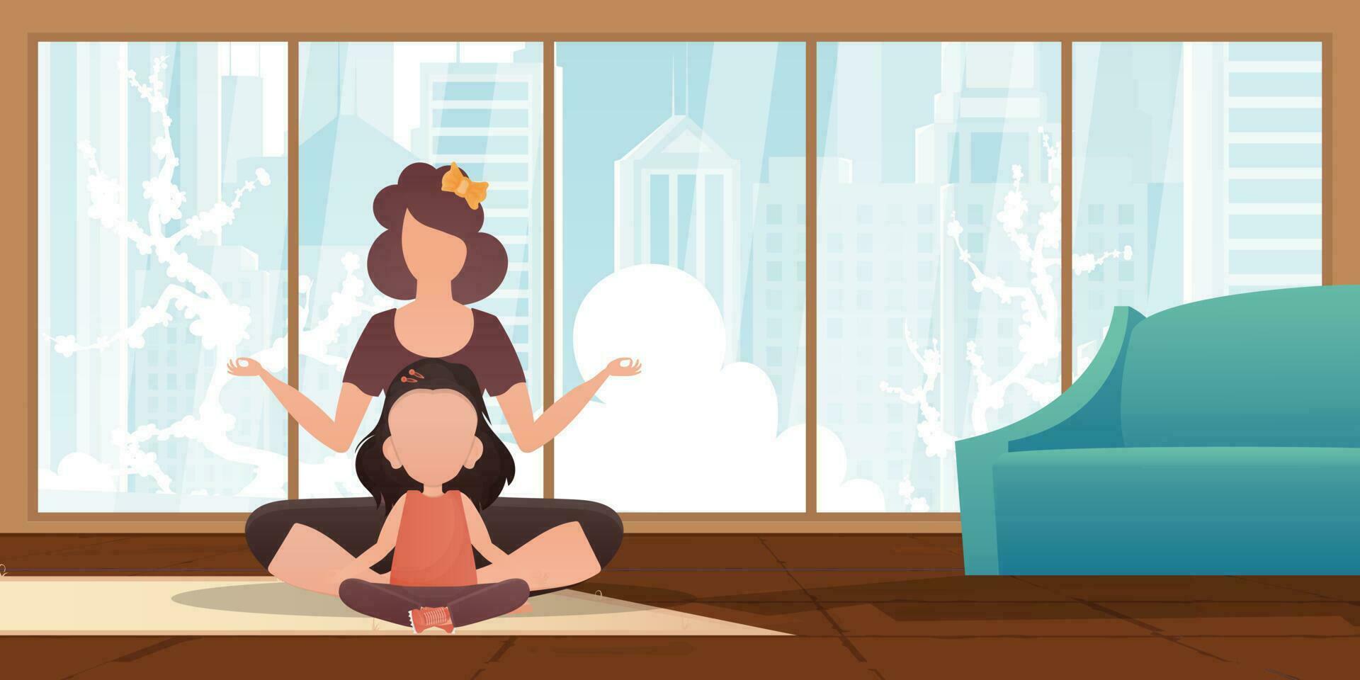 Mama und wenig Tochter sind meditieren zusammen. Karikatur Stil. Vektor. vektor