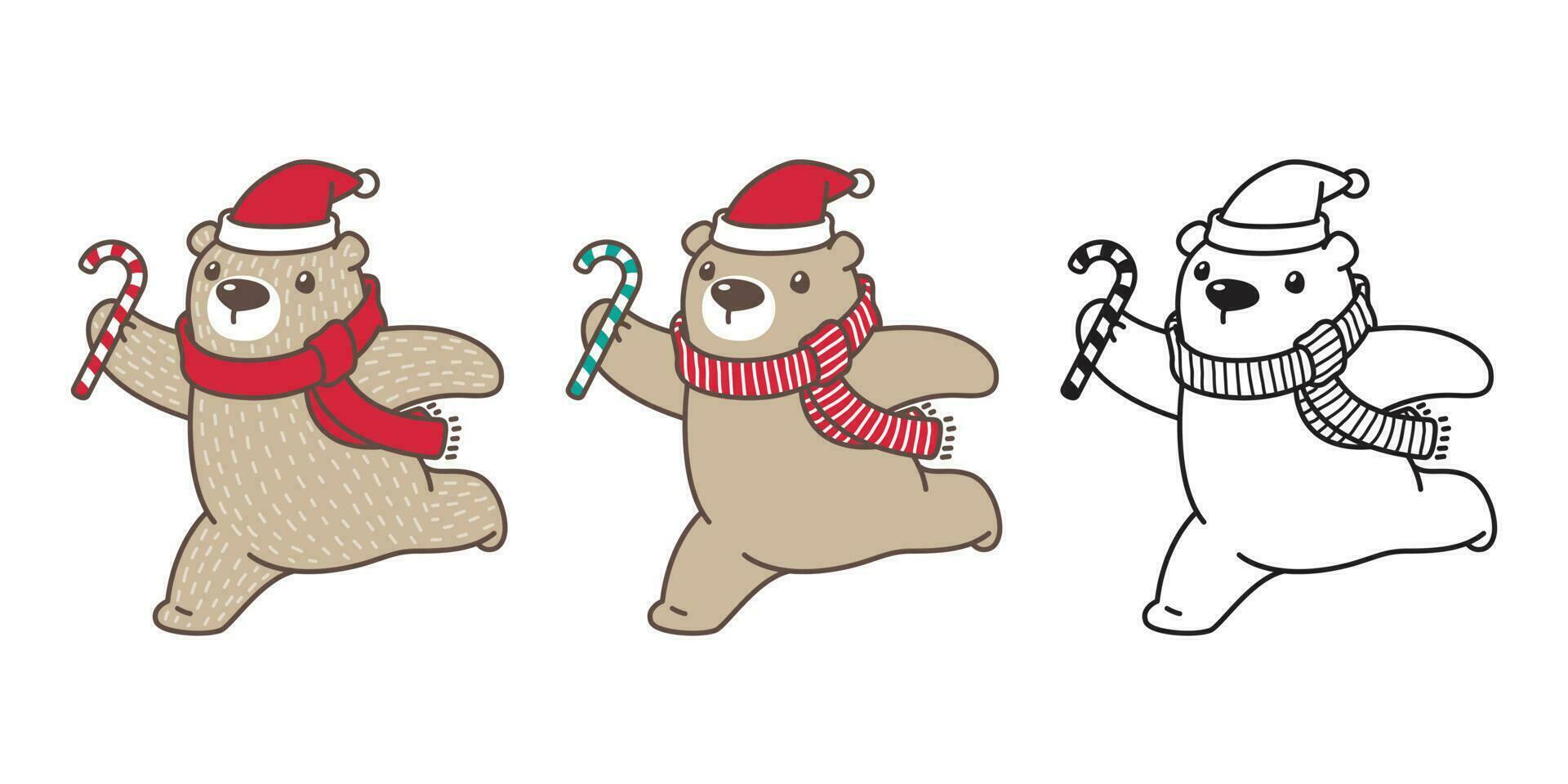 Bär Vektor Polar- Bär Weihnachten Weihnachten Santa claus Hut Süßigkeiten Stock Schal Karikatur Charakter Symbol Logo Illustration Gekritzel braun
